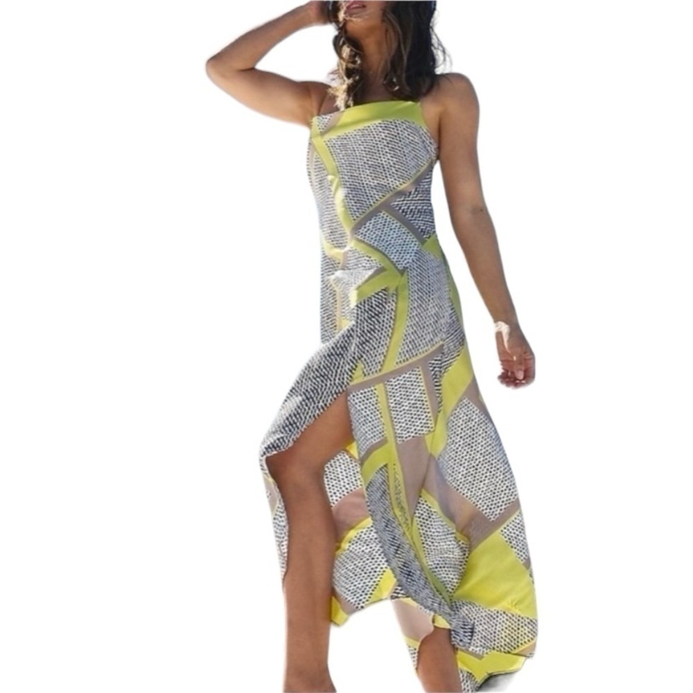 EXPRESS Maxi Dress Cowl Neck Spaghetti Straps Side Slit Geometric Neon Women M